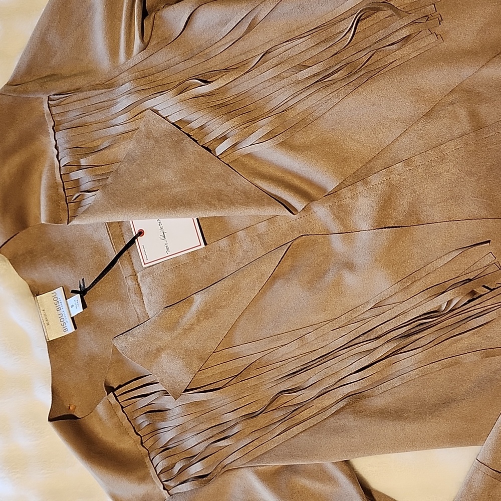 Khaki Suede Lightweight Jacket with Tassels by Bisou Bisou MICHELE BOHBOT